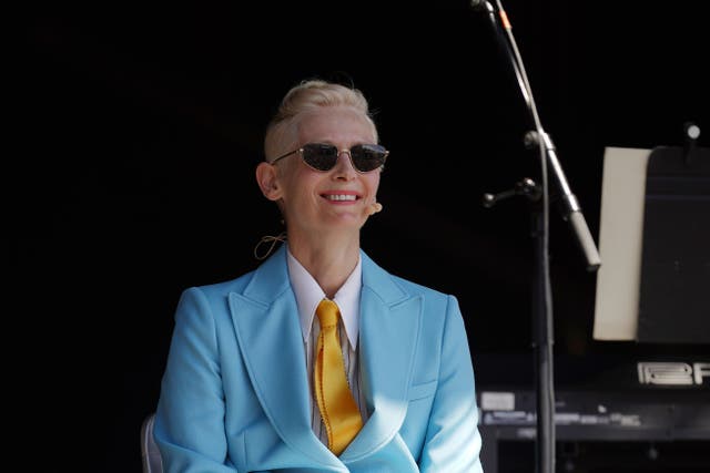 Tilda Swinton performing with modern classical instrumentalist Max Richter on the Park Stage, at the Glastonbury Festival at Worthy Farm in Somerset (Yui Mok/PA).