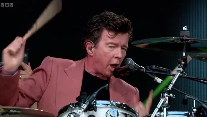 Rick Astley covers AC DC on drums during impressive Glastonbury