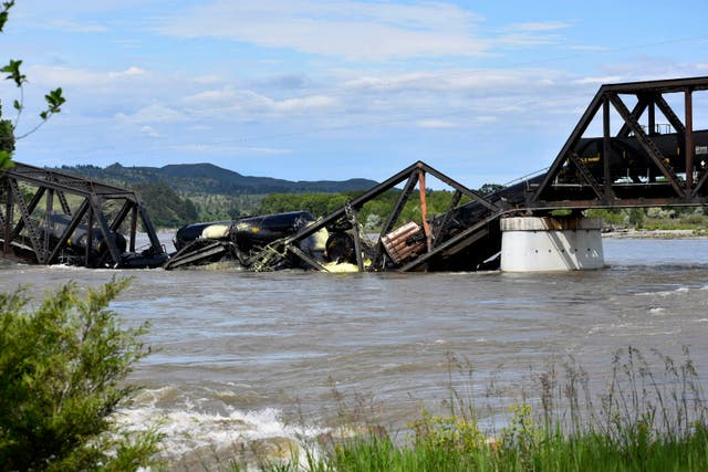 <p>Several train cars plunged into the Yellowstone River after a bridge collapse near Columbus, Montana, on Saturday, June 24, 2023</p>