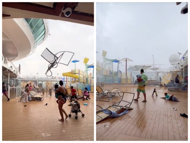 <p>Passengers aboard a Royal Caribbean cruise flee for safety as deck furniture flies through the air</p>