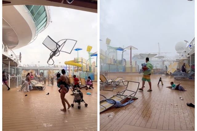 <p>Passengers aboard a Royal Caribbean cruise flee for safety as deck furniture flies through the air</p>