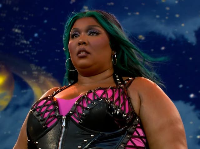 <p>Lizzo performing on the Pyramid Stage at Glastonbury</p>