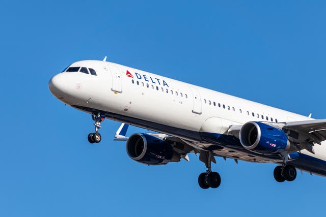 <p>Delta Airlines prepares to land at McCarran International airport in January 2020</p>