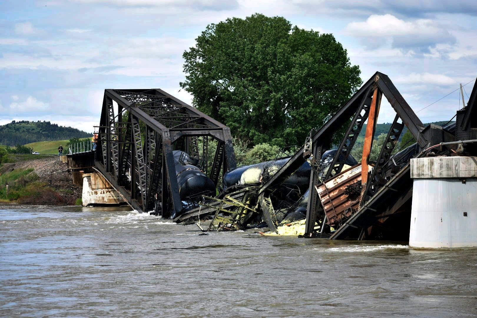 <p>Several train cars plunged into the Yellowstone River after a bridge collapse near Columbus, Montana, on Saturday, June 24, 2023</p>