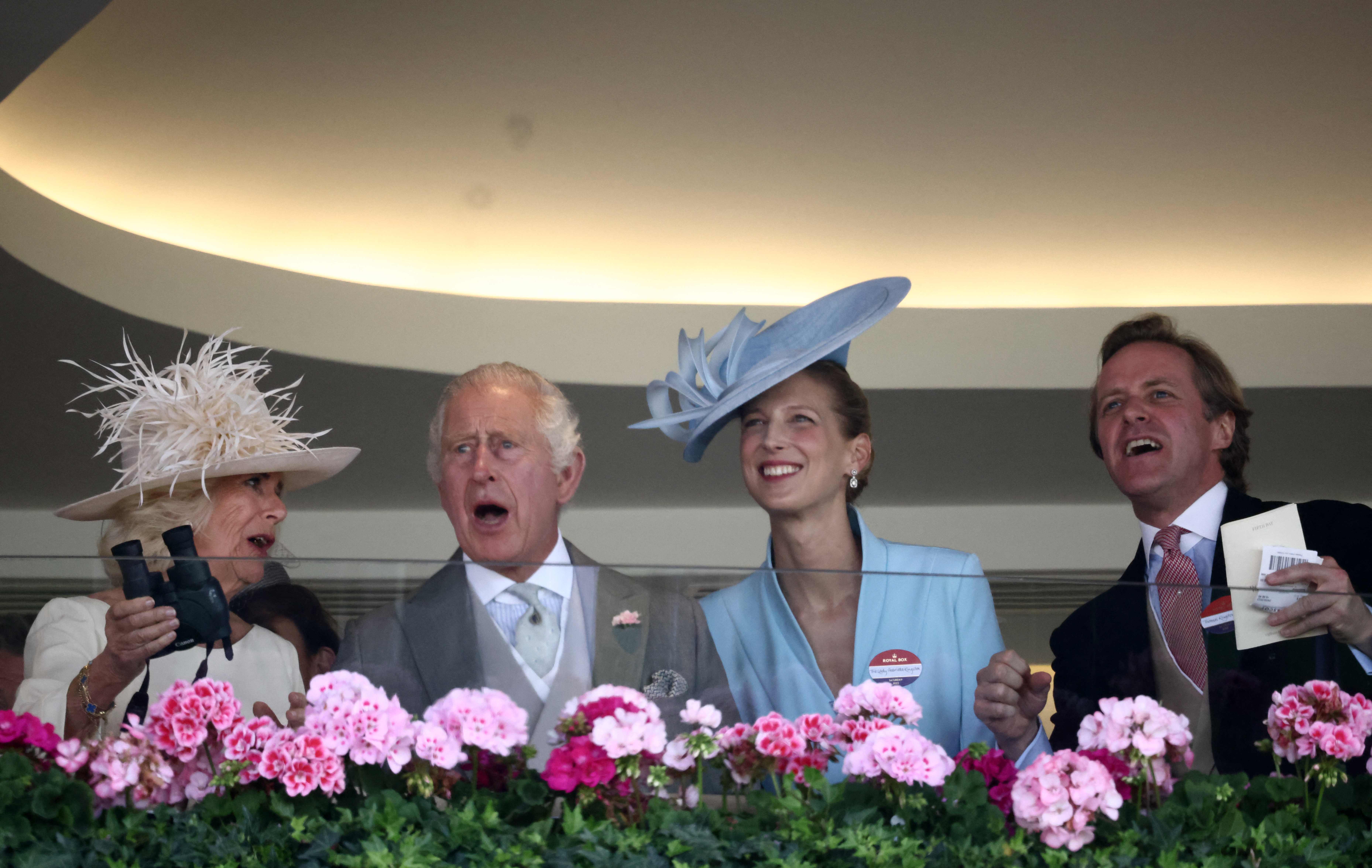 King Charles, Queen Camilla, Lady Gabriella Kingston and Thomas Kingston watch the Wokingham handicap from the Royal Box on the final day of the Royal Ascot horse racing meeting