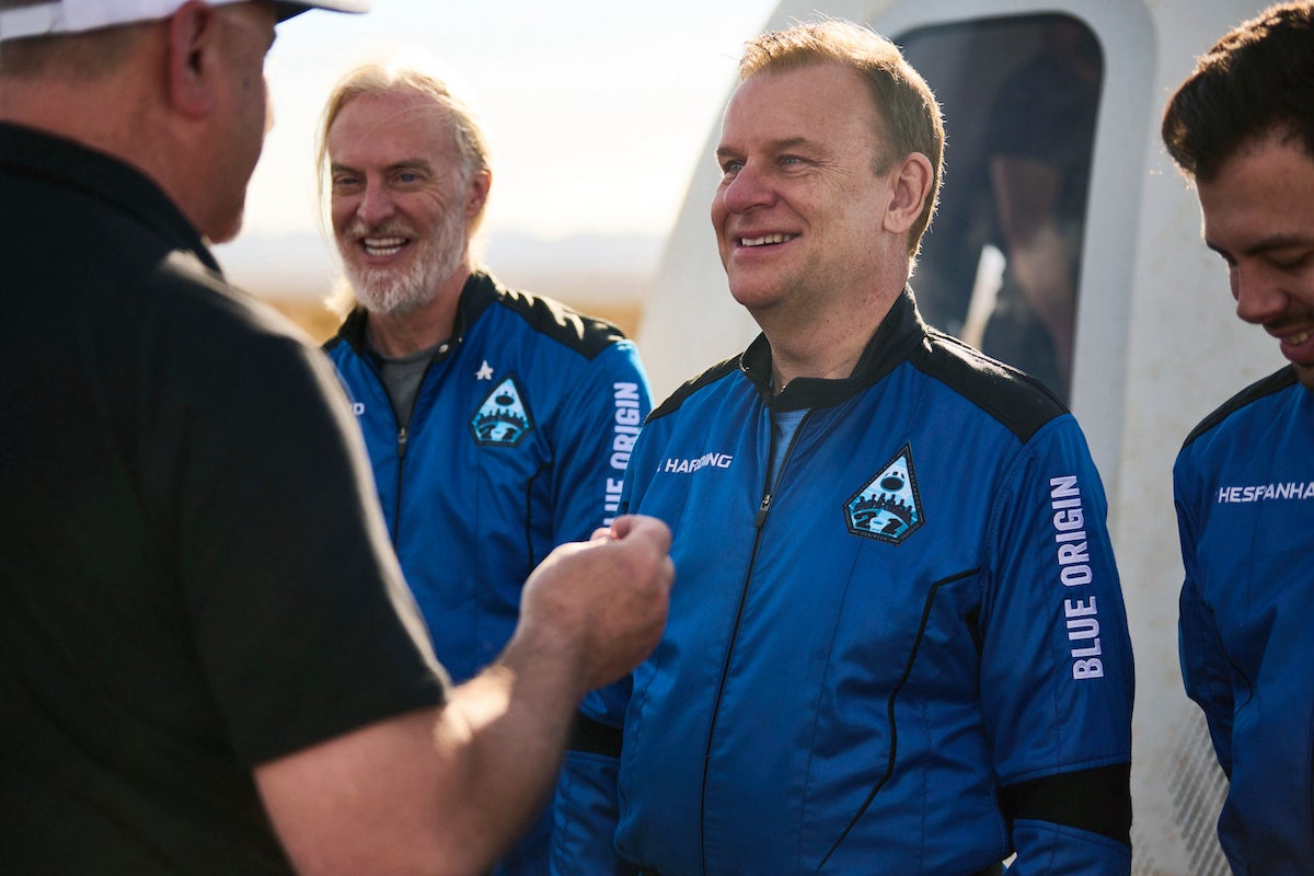 Hamish Harding receiving a Blue Origin astronaut pin in Texas after a flight to space on 4 June, 2022