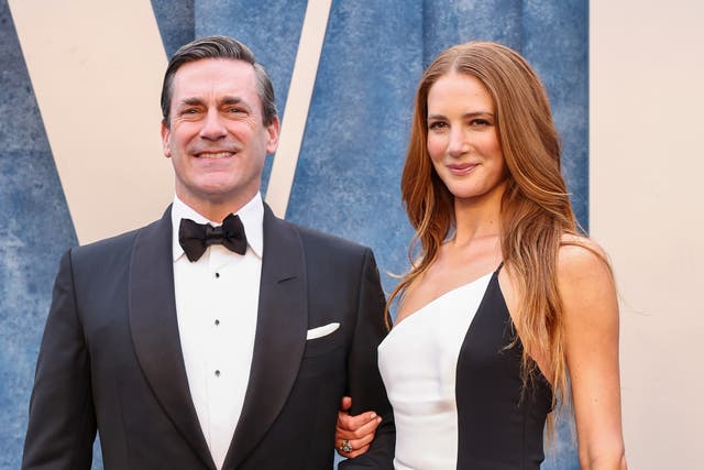 <p>Jon Hamm and Anna Osceola attend the 2023 Vanity Fair Oscar Party Hosted By Radhika Jones at Wallis Annenberg Center for the Performing Arts on March 12, 202</p>