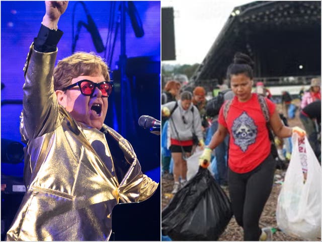 <p>Elton John and Glastonbury cleanup volunteer</p>
