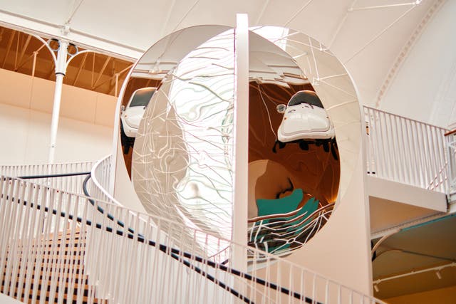 <p>Kaleidoscopic staircase reflecting the ‘Microlino Electric Vehicle’, 2019, at the new Young V&A museum </p>