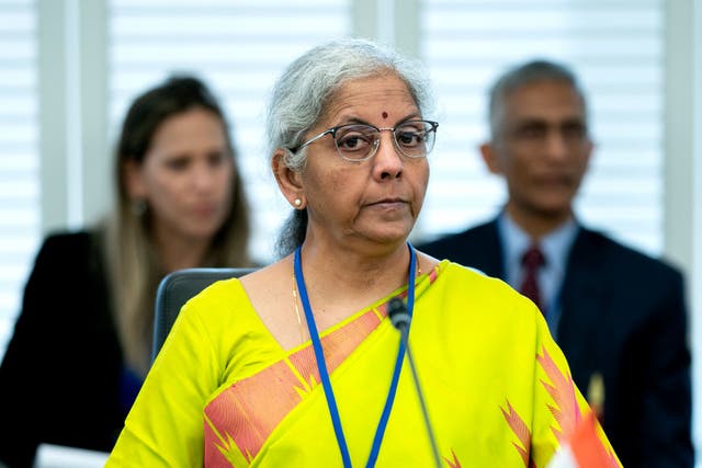 <p>Indian Finance Minister Nirmala Sitharaman listens as US Treasury Secretary Janet Yellen (not pictured) speaks in Washington</p>