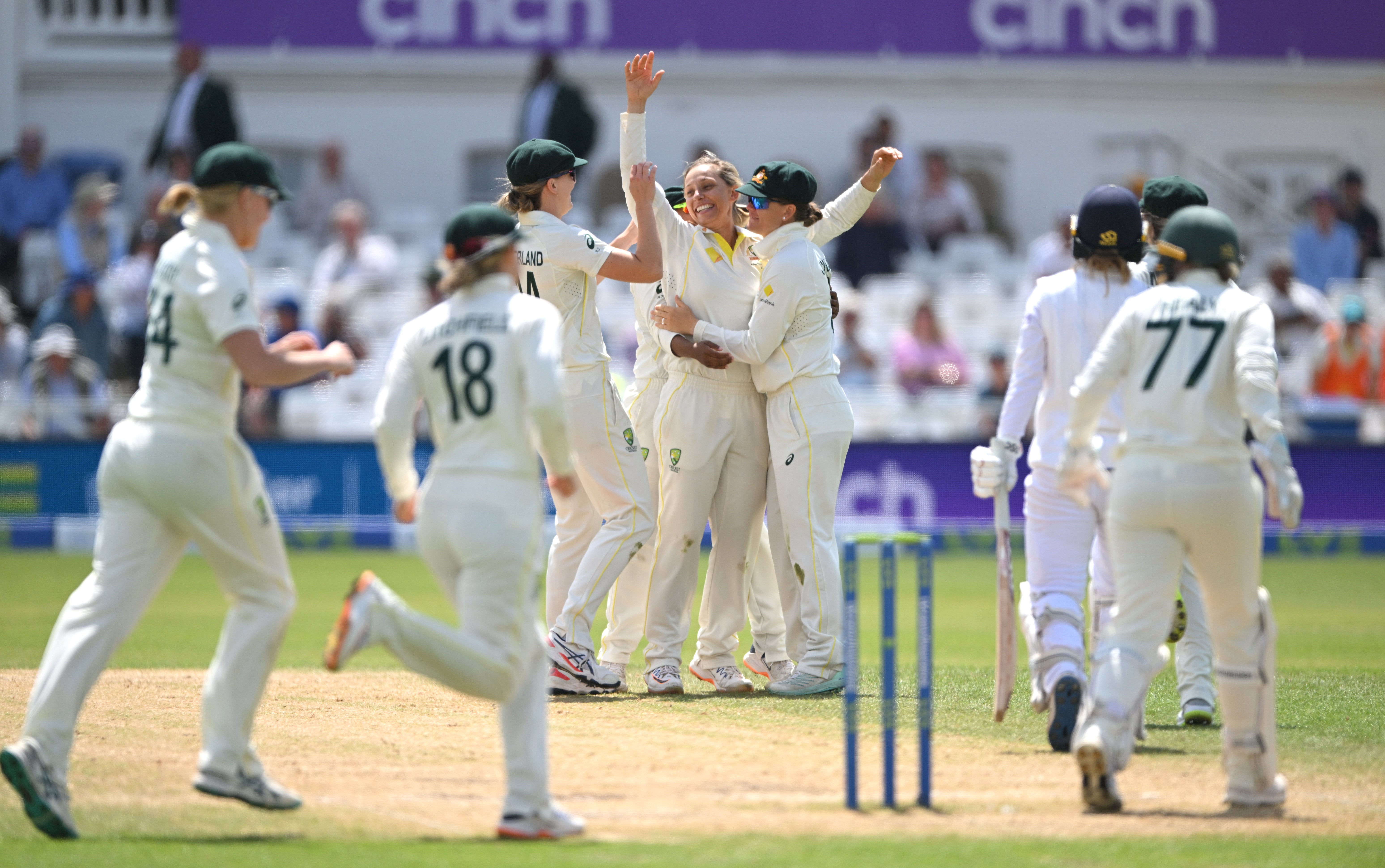 Australia celebrate the final wicket to win the Ashes Test by 89 runs