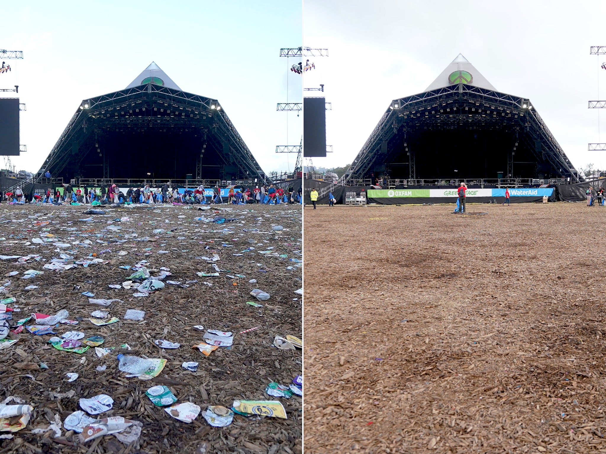 Before and after the grounds are cleared in front of the Pyramid Stage at Glastonbury