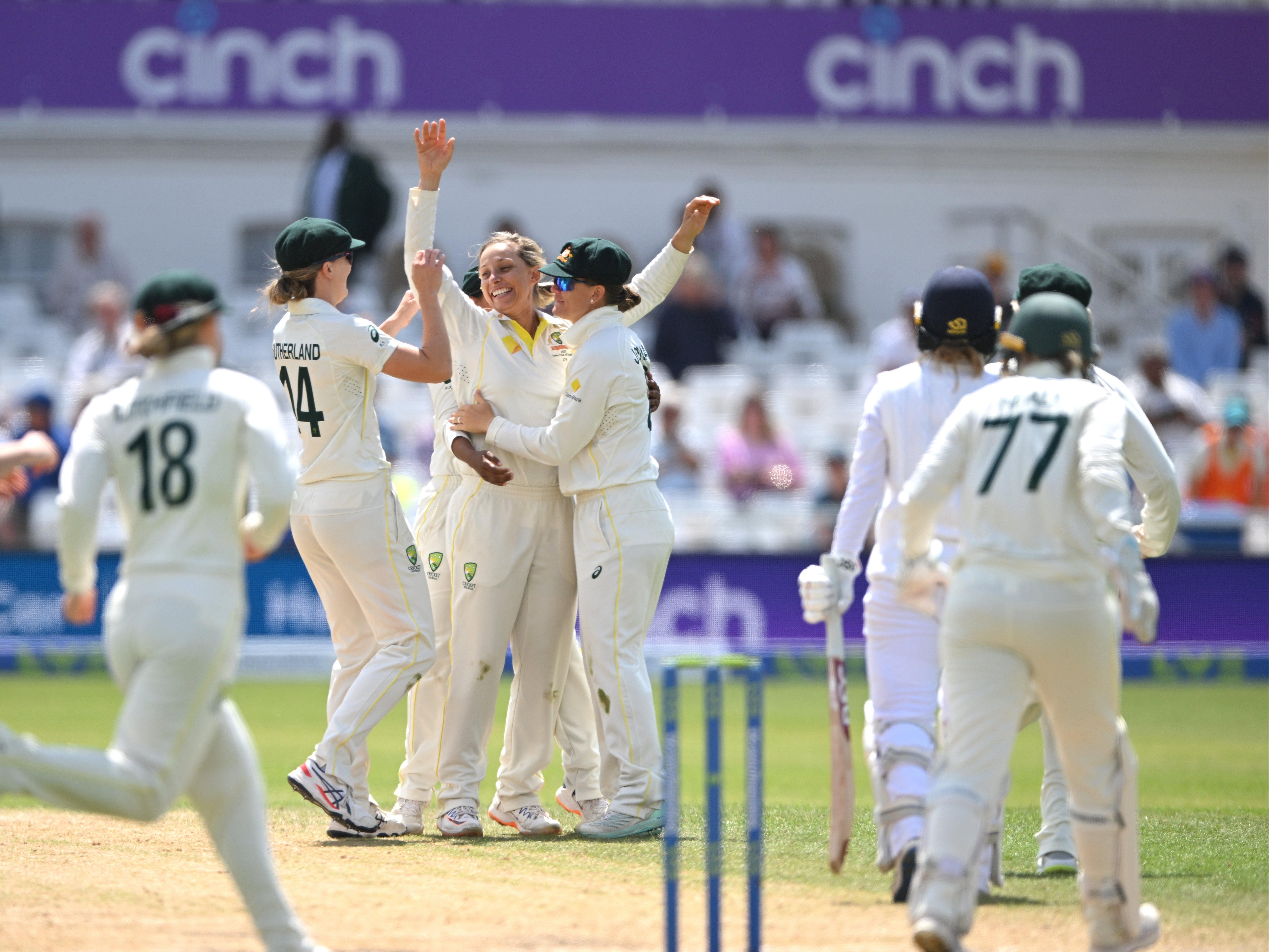 Australia bowler Ashleigh Gardner celebrates the final wicket of Danni Wyatt