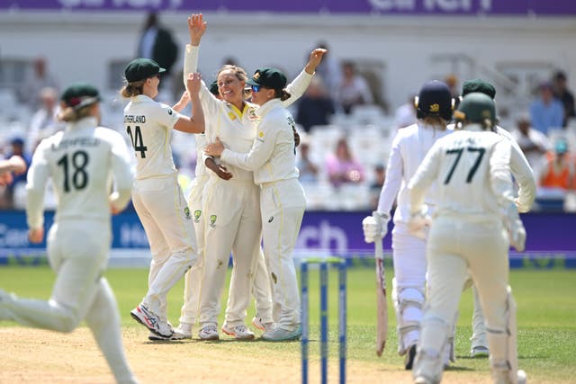 <p>Australia bowler Ashleigh Gardner celebrates the final wicket of Danni Wyatt</p>