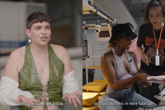 <p>Stills from Shein US’s video of influencers visiting its ‘innovation factory’</p>