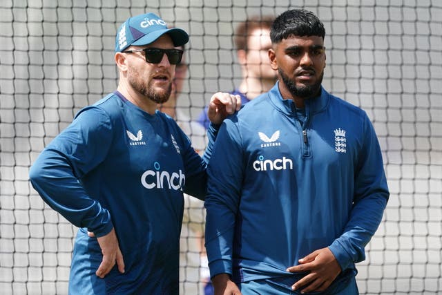 Rehan Ahmed in the nets with England head coach Brendon McCullum at Lord’s (Mike Egerton/PA)
