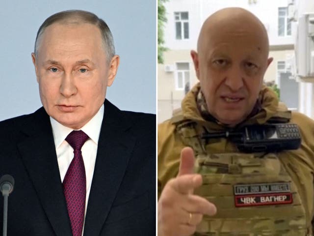 <p>Vladimir Putin, left, and Yevgeny Prigozhin</p>
