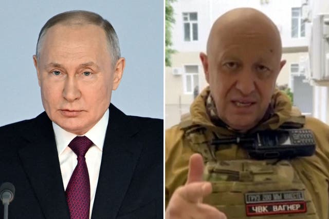 <p>Vladimir Putin, left, and Yevgeny Prigozhin</p>