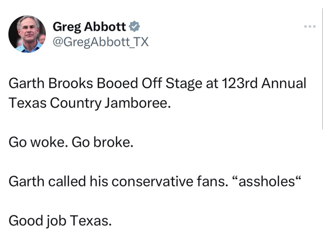 <p>Texas governor Greg Abbott fell for an internet hoax that falsely claimed Garth Brooks had been booed from a stage</p>