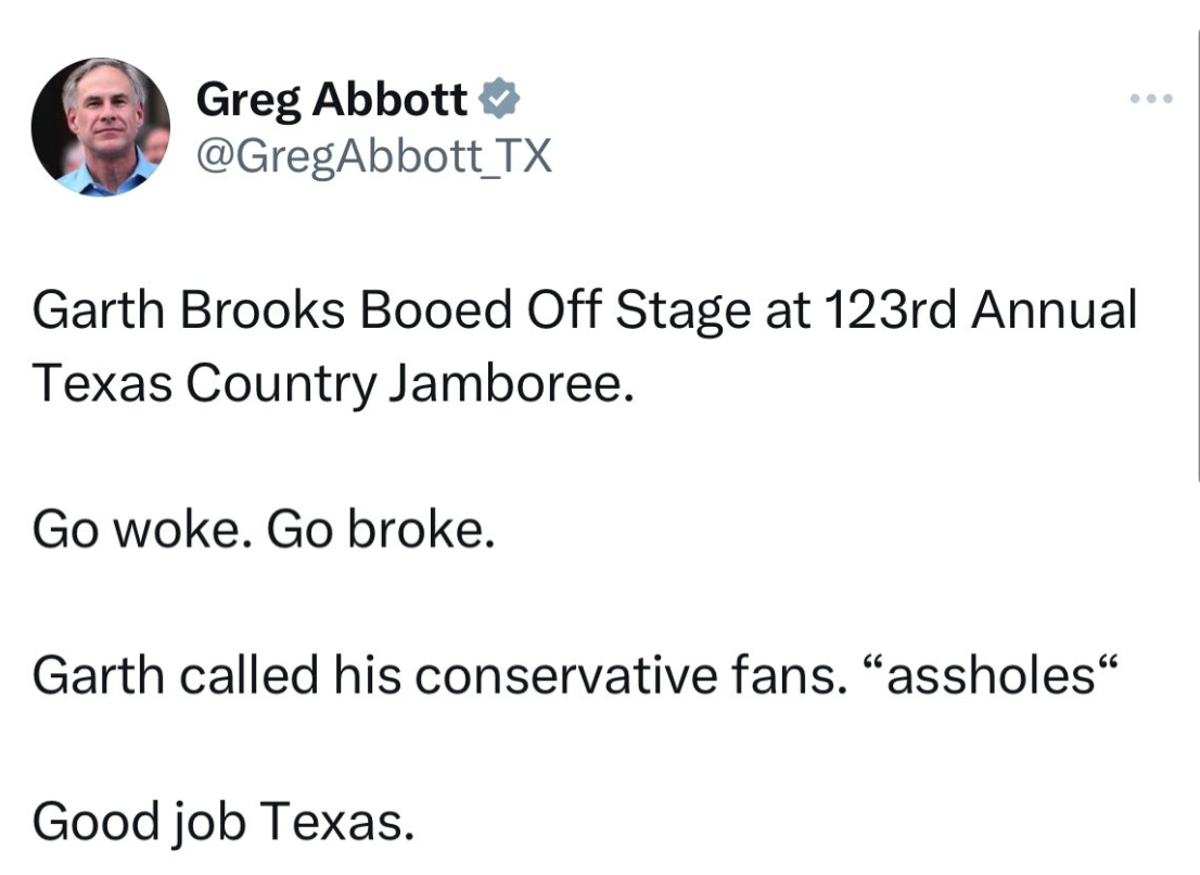 Greg Abbott mocked after falling for hoax story about Garth Brooks being booed off stage
