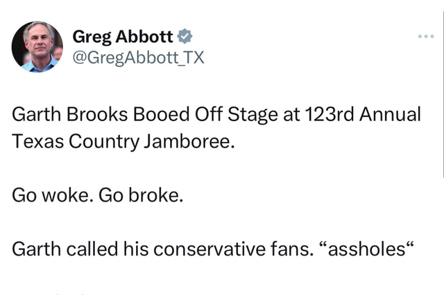 <p>Texas governor Greg Abbott fell for an internet hoax that falsely claimed Garth Brooks had been booed from a stage</p>