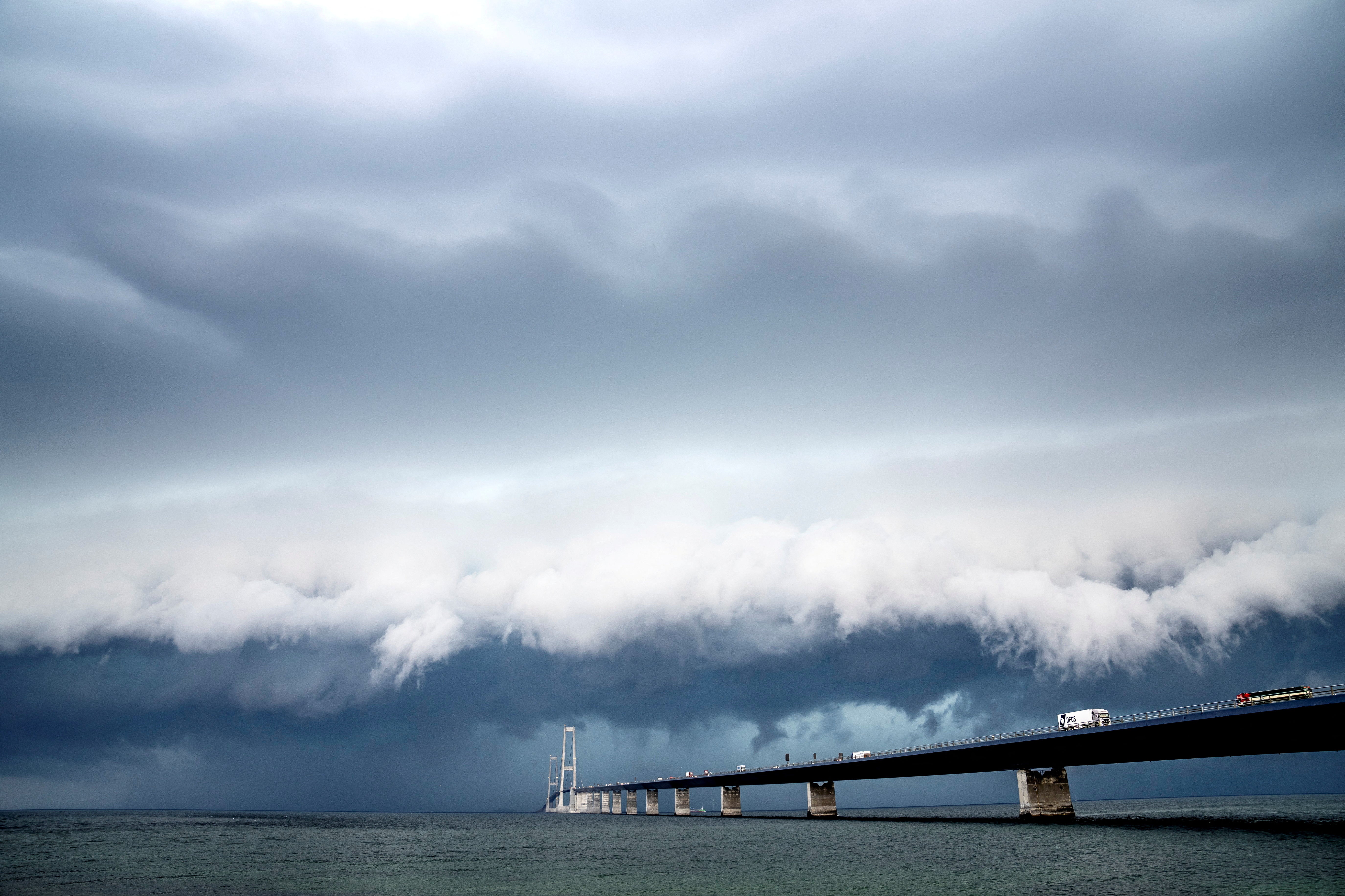 Dark skies over the Great Belt Bridge in Korsor, Denmark