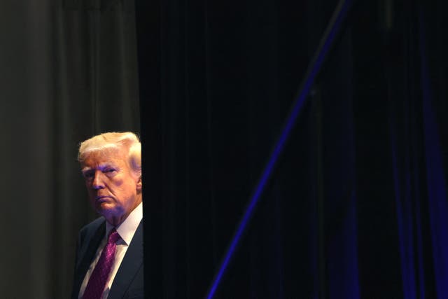 <p>Former U.S. President Donald Trump waits to be introduced at the Oakland County Republican Party's Lincoln Day dinner at Suburban Collection Showplace on June 25, 2023 in Novi, Michigan</p>