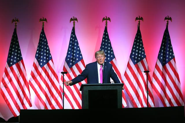 <p> Former president Donald Trump speaks to guests at the Oakland County Republican Party’s Lincoln Day dinner at Suburban Collection Showplace on 25 June 2023 in Novi, Michigan</p>