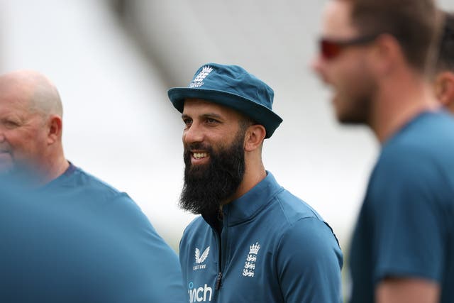 <p>Moeen Ali of England looks on during an England Training Session at Lord's Cricket Ground</p>