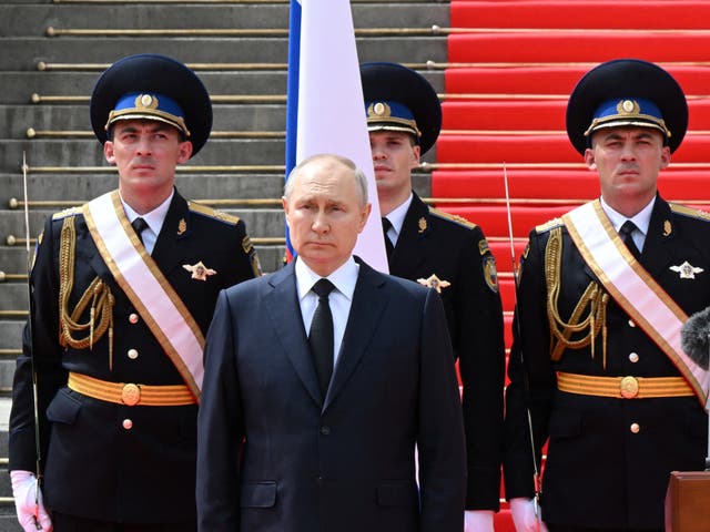 <p>Russian president Vladimir Putin during his address honouring Russia’s armed forces outside the Kremlin</p>
