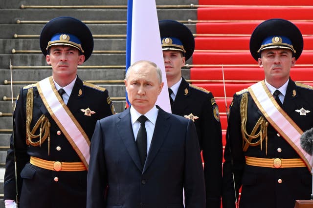 <p>Russian president Vladimir Putin during his address honouring Russia’s armed forces outside the Kremlin</p>
