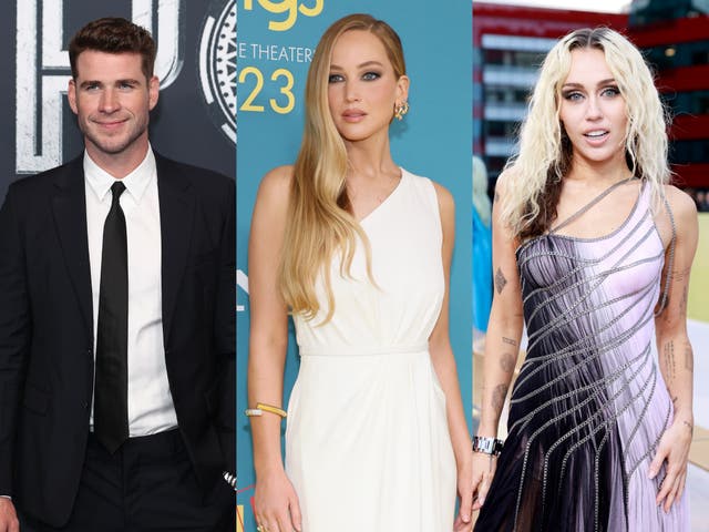 <p>From left to right: Liam Hemsworth, Jennifer Lawrence and Miley Cyrus</p>