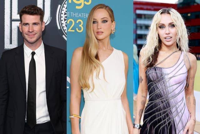 <p>From left to right: Liam Hemsworth, Jennifer Lawrence and Miley Cyrus</p>