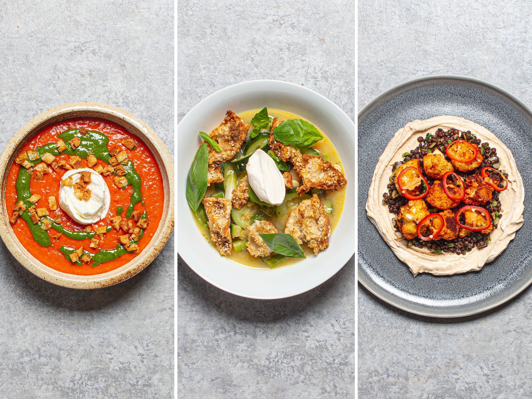 Red pepper soup with basil salsa; summer stew with dukkah croutons; and chilli roast cauliflower with ‘holy trinity’ lentils