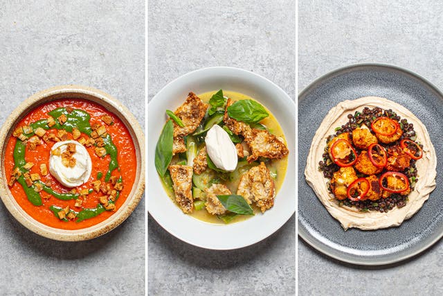 <p>Red pepper soup with basil salsa; summer stew with dukkah croutons; and chilli roast cauliflower with ‘holy trinity’ lentils</p>