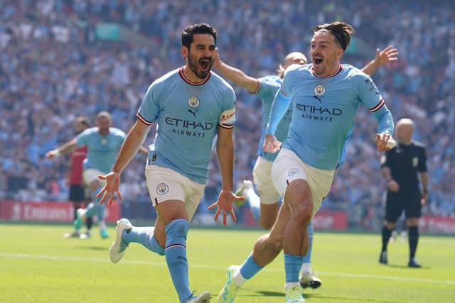 File photo dated 03-06-2023 of Ilkay Gundogan (left) celebrating scoring the first goal in the FA Cup final with team-mate Jack Grealish. Haaland and Gundogan have hit 50 in all competitions, as can Jack Grealish if he plays in Saturday’s final. Issue date: Thursday June 8, 2023.