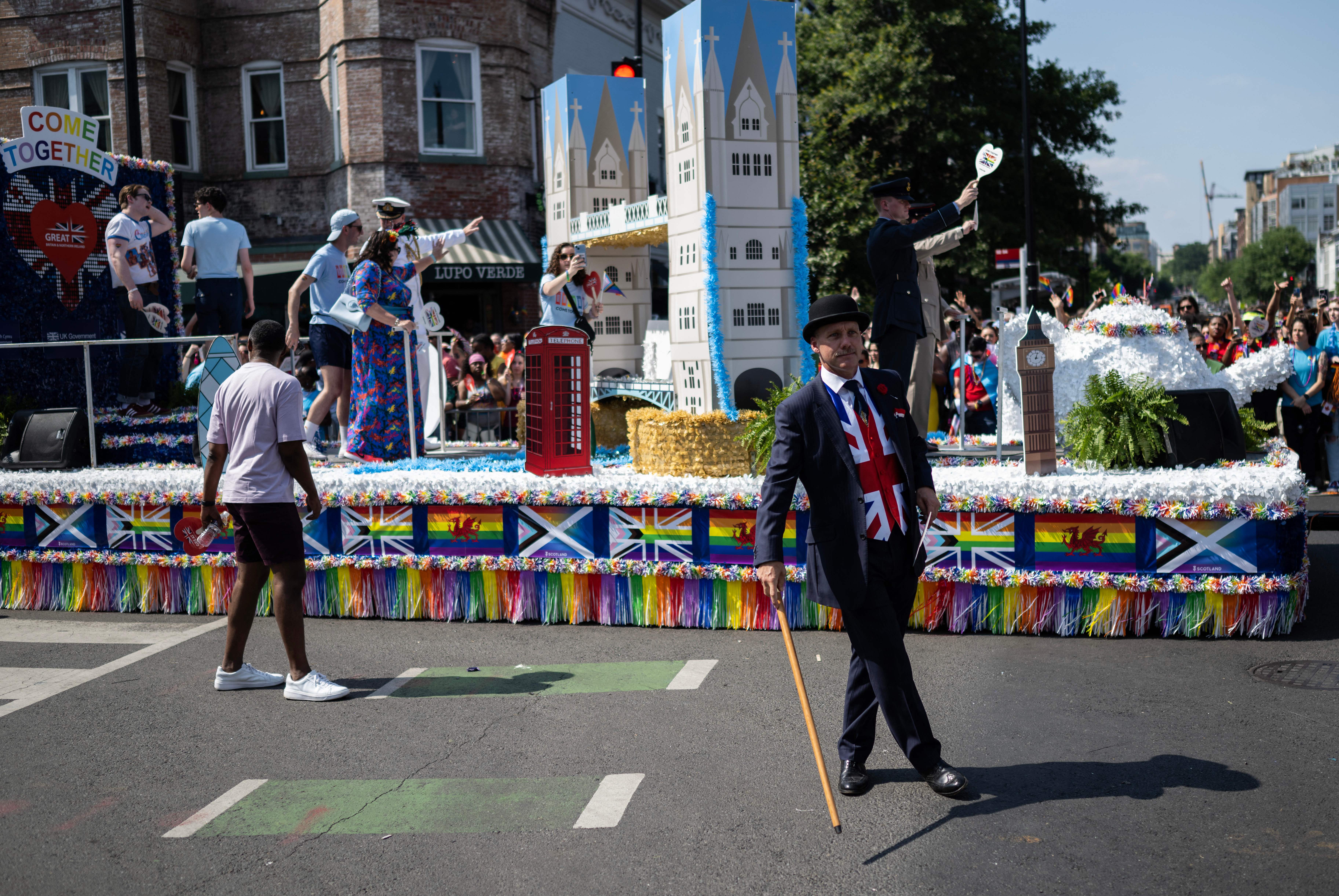 Members from the British embassy and community march down the road during the Capital Pride Festival in Washington, DC, on June 10, 2023