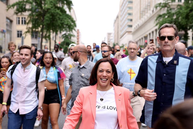 <p>Vice President Kamala Harris joins marchers for the Capital Pride Parade on June 12, 2021 in Washington, DC. Capital Pride returned to Washington DC, after being canceled last year due to the Covid-19 pandemic</p>