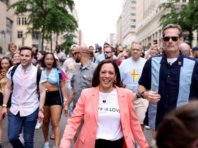 <p>Vice President Kamala Harris joins marchers for the Capital Pride Parade on June 12, 2021 in Washington, DC. Capital Pride returned to Washington DC, after being canceled last year due to the Covid-19 pandemic</p>