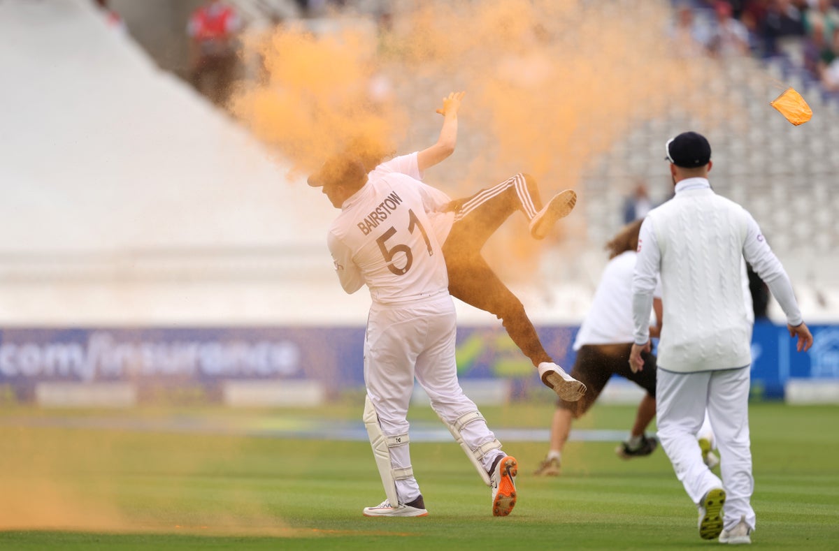 Ashes Test delayed by Just Stop Oil as Jonny Bairstow hauls protester off Lord’s pitch
