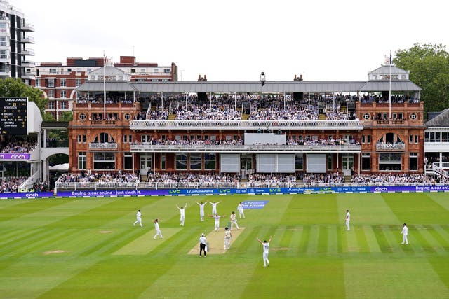 <p>England players unsuccessfully appeal for a wicket during day one of the second Ashes test match at Lord’s</p>