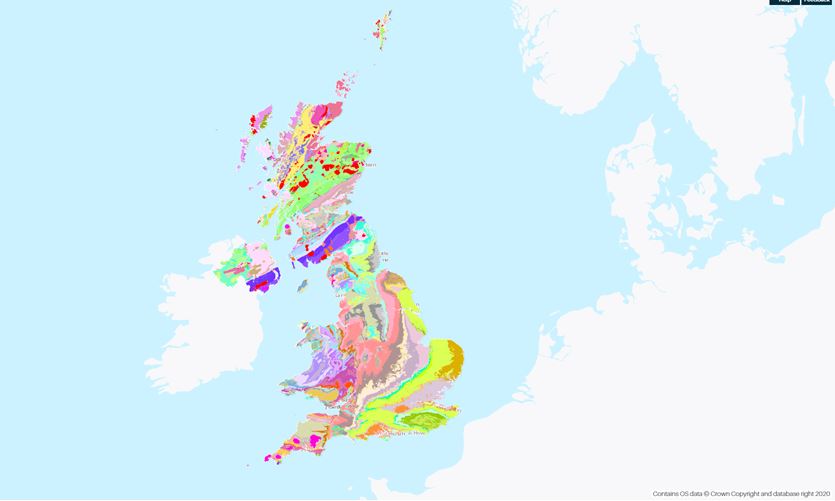 A map shows the different rock types that make up the UK, such as granite and limestone