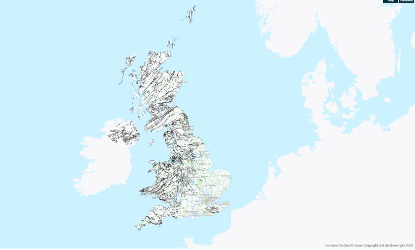 A map shows faults in the UK that we know about and that are big enough to show up on such a large-scale map