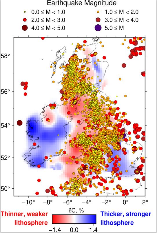 The number and magnitude of earthquakes in Ireland and Great Britain over the last few decades shown on a map that also shows the variation in thickness of plate