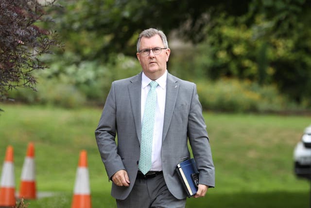 DUP leader Sir Jeffery Donaldson arriving at Stormont Castle in Belfast, to meet the head of the Northern Ireland Civil Service, Jayne Brady (Liam McBurney/PA)