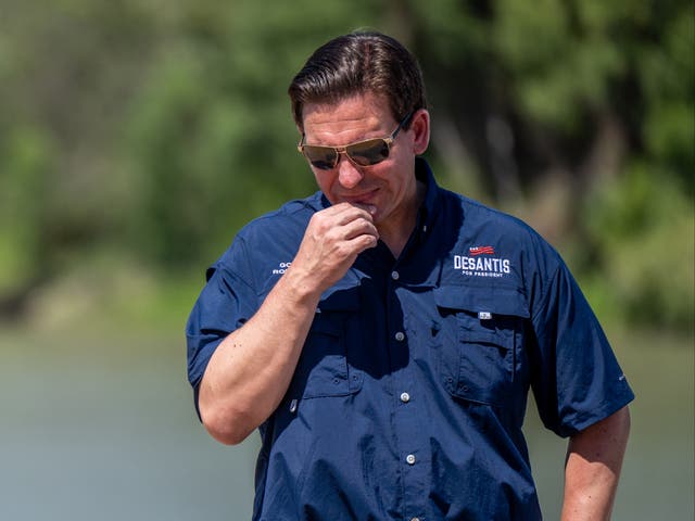 <p>Republican presidential candidate, Florida Gov. Ron DeSantis stands on the banks of the Rio Grande during a press conference on June 26, 2023 in Eagle Pass, Texa</p>