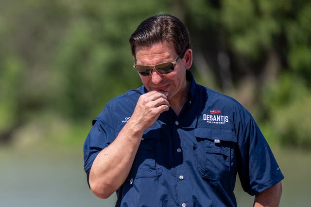 <p>Republican presidential candidate, Florida Gov. Ron DeSantis stands on the banks of the Rio Grande during a press conference on June 26, 2023 in Eagle Pass, Texa</p>