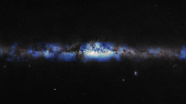 <p>An artist’s composition of the Milky Way seen with a neutrino lens (blue).</p>