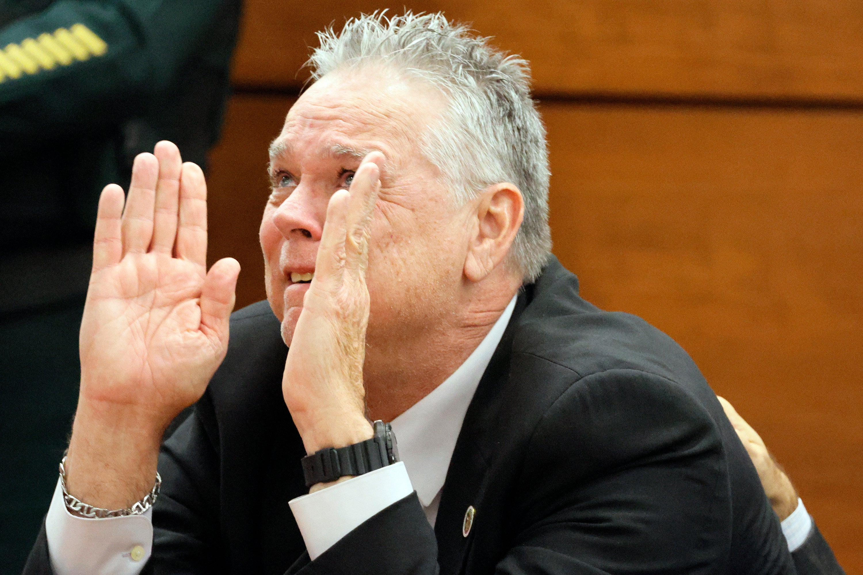 Former Marjory Stoneman Douglas High School School Resource Officer Scot Peterson reacts as he is found not guilty on all charges at the Broward County Courthouse in Fort Lauderdale, Fla., on Thursday, June 29, 2023