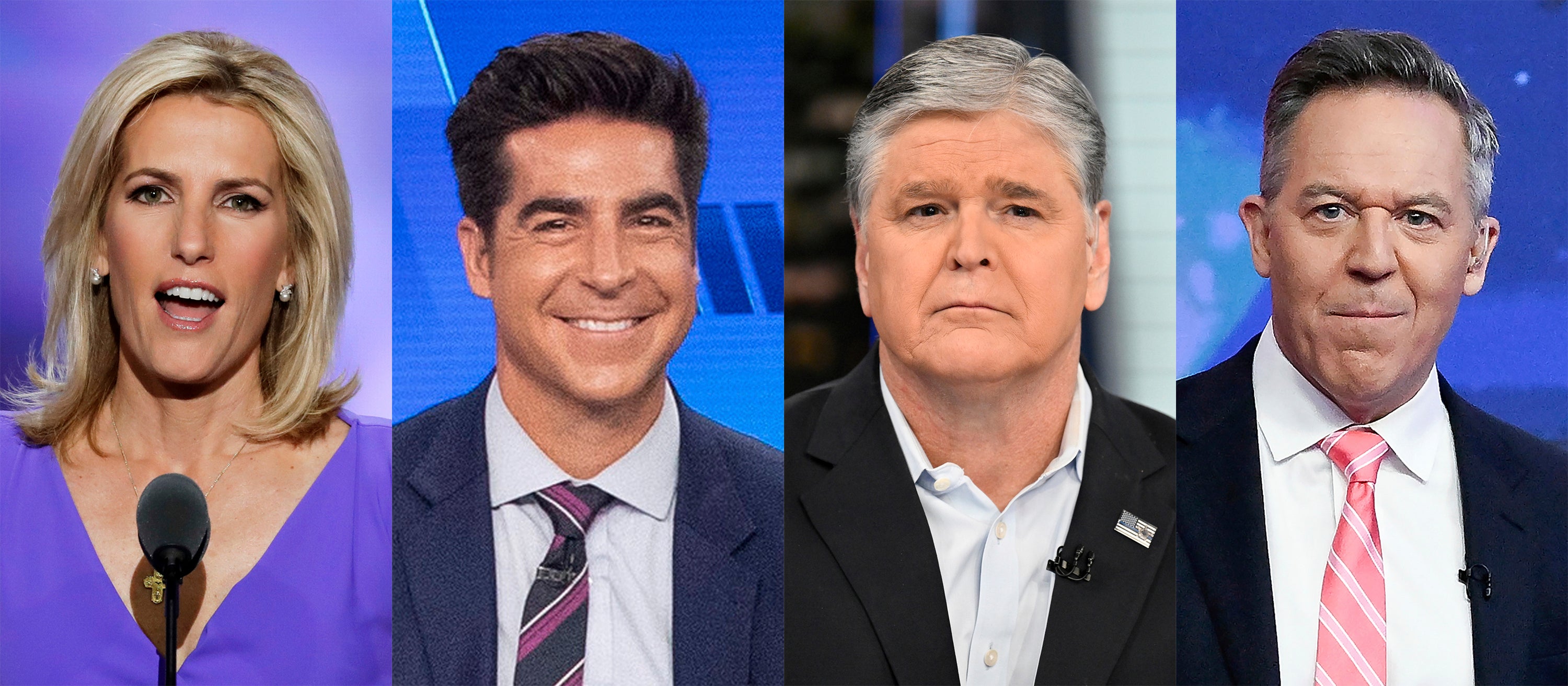 Fox News personalities, from left, Laura Ingraham, Jesse Watters, Sean Hannity and Greg Gutfeld will helm the network’s primetime lineup.